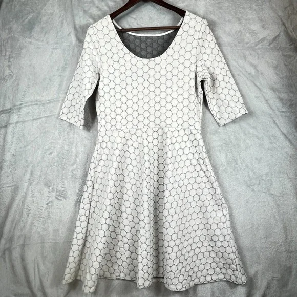 Leota Womens L Dot Luxe Jacquard Fit Flare Dress Ivory Black Scoop Back NWT